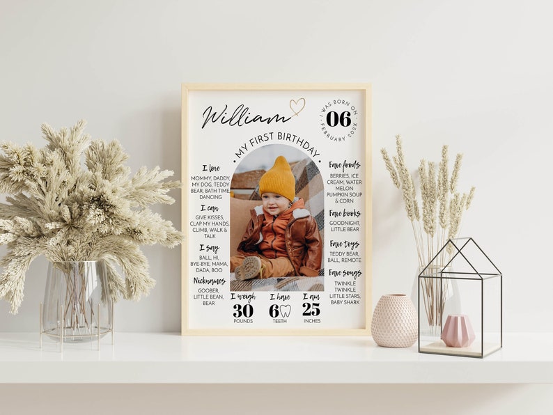 EDITABLE First Birthday Milestone Sign, Modern 1st Birthday Milestone Poster, One Year Photo Baby Milestone Board, Printable Template. #M004 image 1