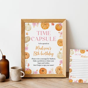 Plantilla editable de cápsula del tiempo de calabaza estilo boho, cápsula del tiempo y tarjetas de primer cumpleaños con temática de calabaza, recuerdo de cumpleaños con lazo rosa, descarga instantánea. P018 imagen 5