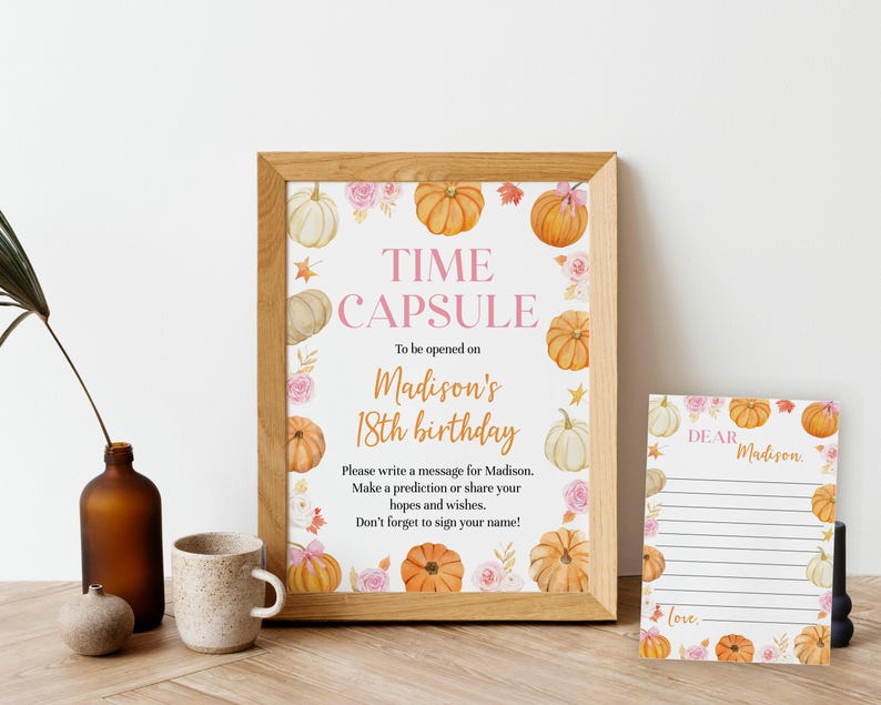 Plantilla editable de cápsula del tiempo de calabaza estilo boho, cápsula del tiempo y tarjetas de primer cumpleaños con temática de calabaza, recuerdo de cumpleaños con lazo rosa, descarga instantánea. P018 imagen 5