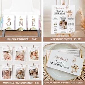 K&ouml;nnte beinhalten: Ein Set mit druckbaren Partydekorationen f&uuml;r einen ersten Geburtstag mit einem B&auml;ren-Thema. Das Set beinhaltet ein Hochstuhlbanner, ein Meilensteinposter, ein Monatsfotobanner und eine Schokoladenriegelverpackung. Die Dekorationen sind in Braun, Wei&szlig; und Beige mit einer niedlichen Cartoon-B&auml;renillustration.