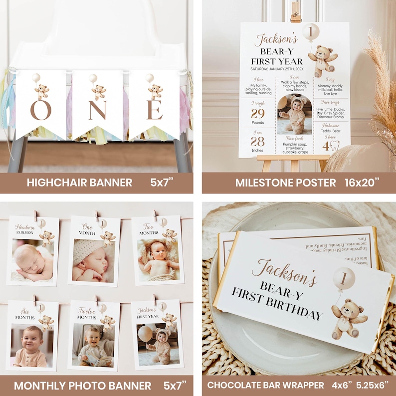 K&ouml;nnte beinhalten: Ein Set mit druckbaren Partydekorationen f&uuml;r einen ersten Geburtstag mit einem B&auml;ren-Thema. Das Set beinhaltet ein Hochstuhlbanner, ein Meilensteinposter, ein Monatsfotobanner und eine Schokoladenriegelverpackung. Die Dekorationen sind in Braun, Wei&szlig; und Beige mit einer niedlichen Cartoon-B&auml;renillustration.