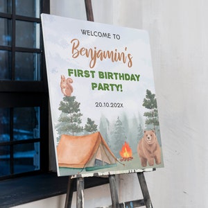 EDITABLE One Happy Camper Birthday Welcome Sign, Woodland 1st Birthday Sign, Camping Birthday Party Decor, Camp Party, Instant Download C006