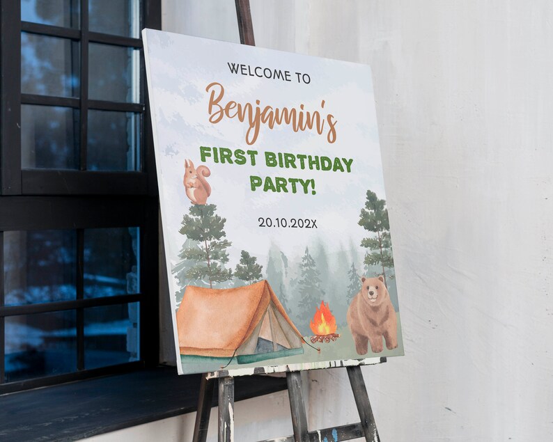 EDITABLE One Happy Camper Birthday Welcome Sign, Woodland 1st Birthday Sign, Camping Birthday Party Decor, Camp Party, Instant Download C006