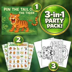 May include: A 3-in-1 party pack featuring a "Pin the Tail on the Tiger" game, jungle bingo cards, and coloring pages. The game includes a colorful illustration of a tiger. The bingo cards have jungle-themed images. The coloring pages feature a tiger.