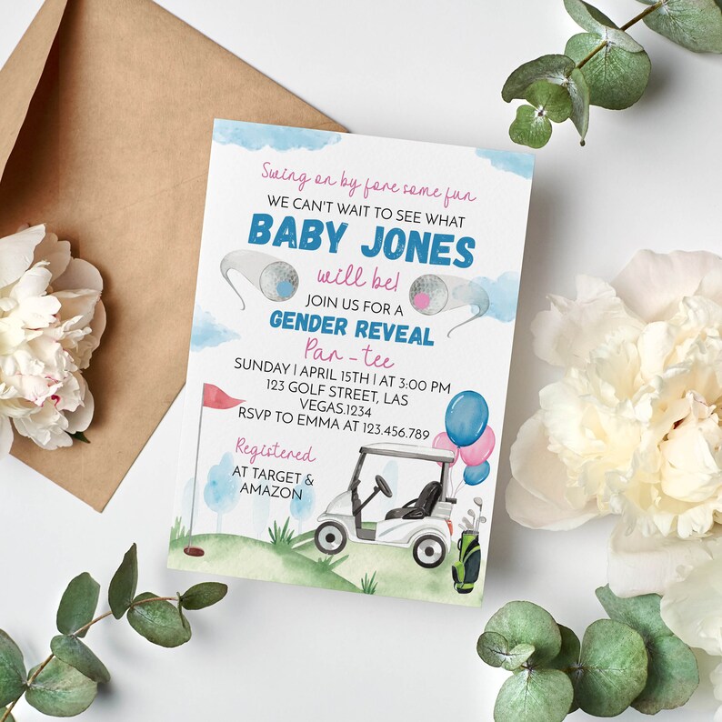 EDITABLE Golf Gender Reveal Invitation Golf Ball Gender Etsy