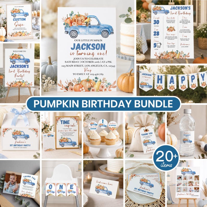 May include: A pumpkin-themed first birthday party bundle featuring a blue pickup truck illustration, orange pumpkins, and autumn foliage. The set includes invitations, milestone signs, cupcake toppers, banners, favor tags, and water bottle labels.