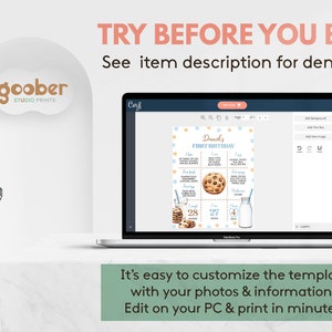 May include: A laptop screen displaying a customizable printable first birthday party game template. The template features a blue and yellow color scheme with a cookie theme. The text "David's First Birthday" is displayed on the template. The template is being edited in Canva.