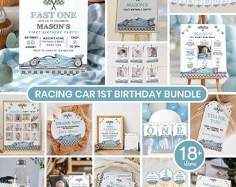 Race Car First Birthday Invitation Bundle | Boy 1st Birthday Party Decor | Racing Birthday Printables | Editable Instant Downloads | R012