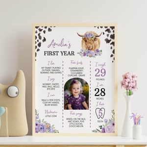 May include: A rectangular milestone poster titled Amelia's First Year featuring a highland cow illustration with purple flowers, cow print corners, and text detailing favorite foods, songs, and physical stats like 29 pounds and 28 inches.