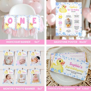 May include: A collection of party decorations featuring yellow rubber ducks and blue bubbles, including a highchair banner, a 16x20 inch milestone poster, a monthly photo banner with 5x7 inch cards, and a 4x5.25 inch chocolate bar wrapper.