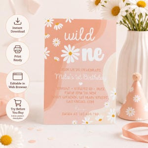 Editable Daisy Birthday Party Invitation, Daisy First Birthday Invitation, Boho Groovy Party Invite, Wild One Invite, Instant Download. D003 image 2