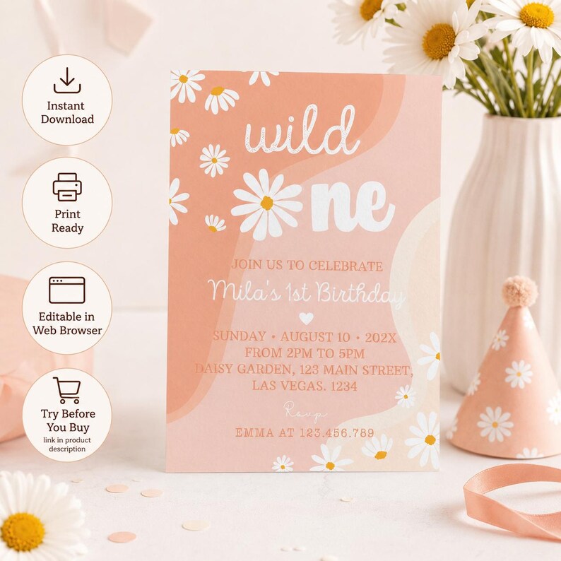 Editable Daisy Birthday Party Invitation, Daisy First Birthday Invitation, Boho Groovy Party Invite, Wild One Invite, Instant Download. D003 image 2