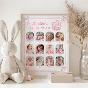 Puede incluir: Una impresi&oacute;n enmarcada titulada "Primer a&ntilde;o de Charlotte" con doce fotos de una ni&ntilde;a, una por cada mes. La impresi&oacute;n tiene un borde rosa con detalles de lazo y texto. Un conejito de peluche y un jarr&oacute;n decorativo est&aacute;n en primer plano.
