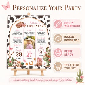 May include: A personalized first birthday milestone sign featuring a cow print background, a photo of a child, and western-themed illustrations including a cowboy hat, cactus, and boots. The text includes Olivia's First Year, 29 pounds, and 27 inches.