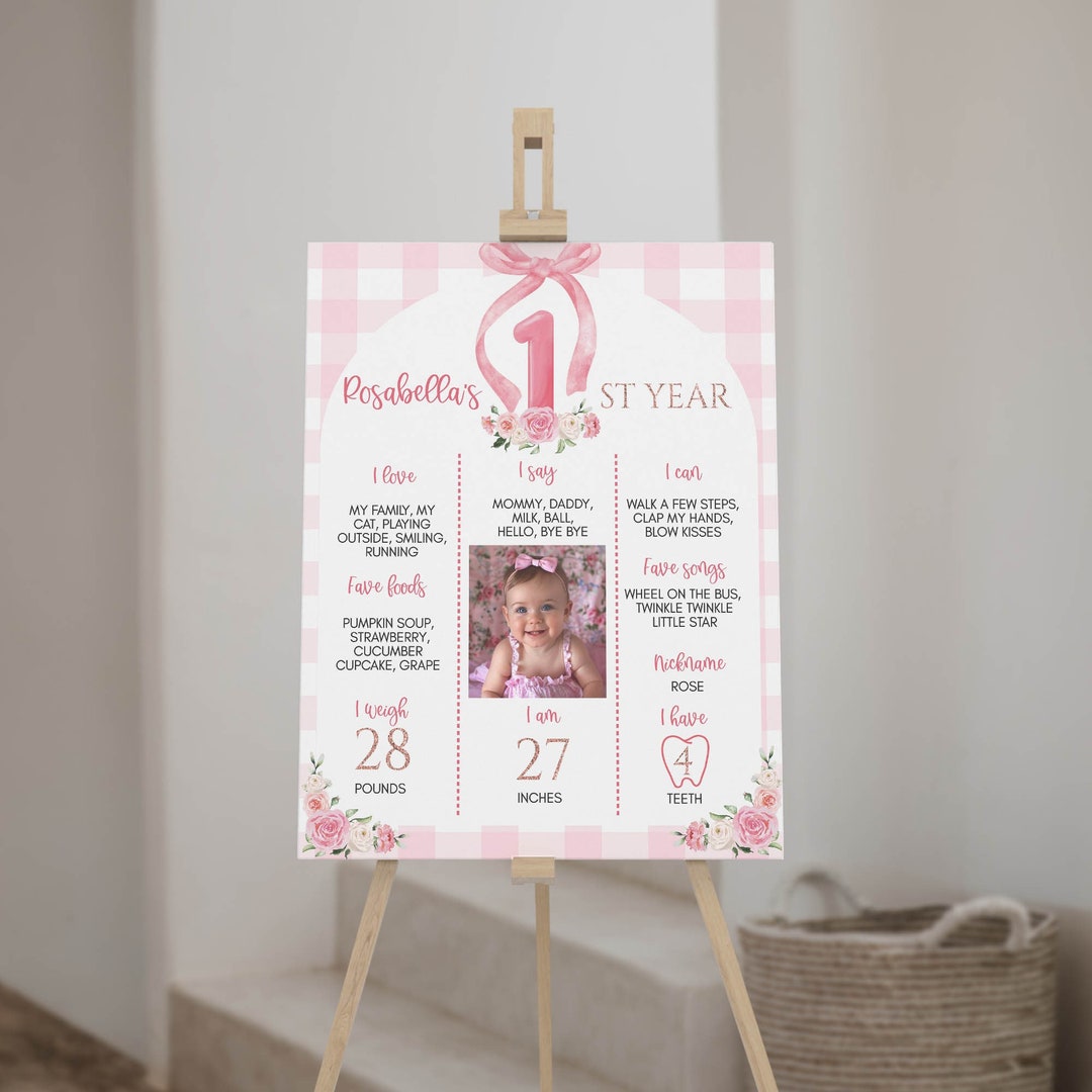 EDITABLE Pink Bow 1st Birthday Milestone Photo Sign, Pink Party Decor ...