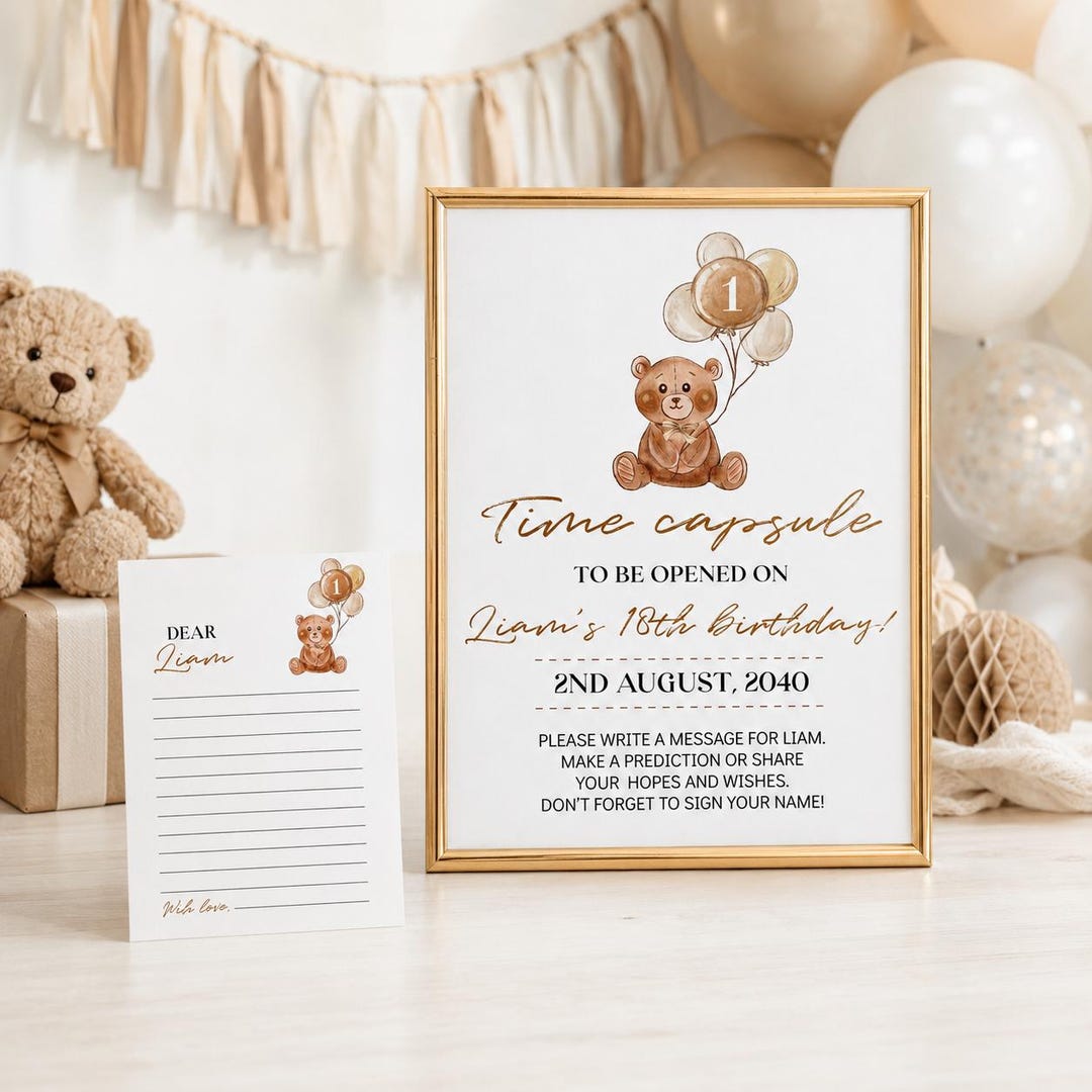 EDITABLE Beary First Birthday Time Capsule Template, Teddy Bear ...