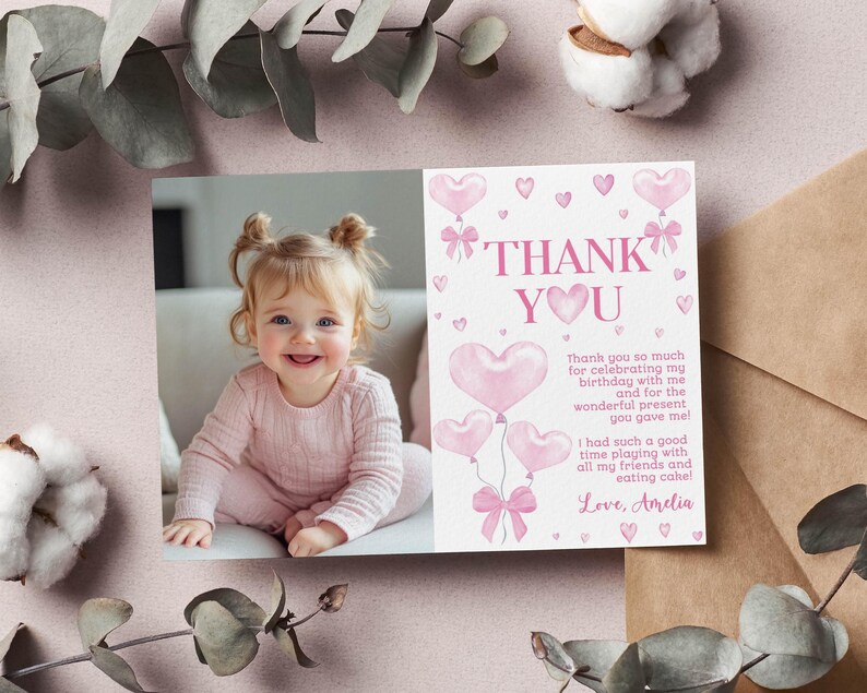 May include: Pink thank you card with a photo of a young girl and a message thanking guests for celebrating her birthday. The card features pink hearts and the text "Thank You" in pink.