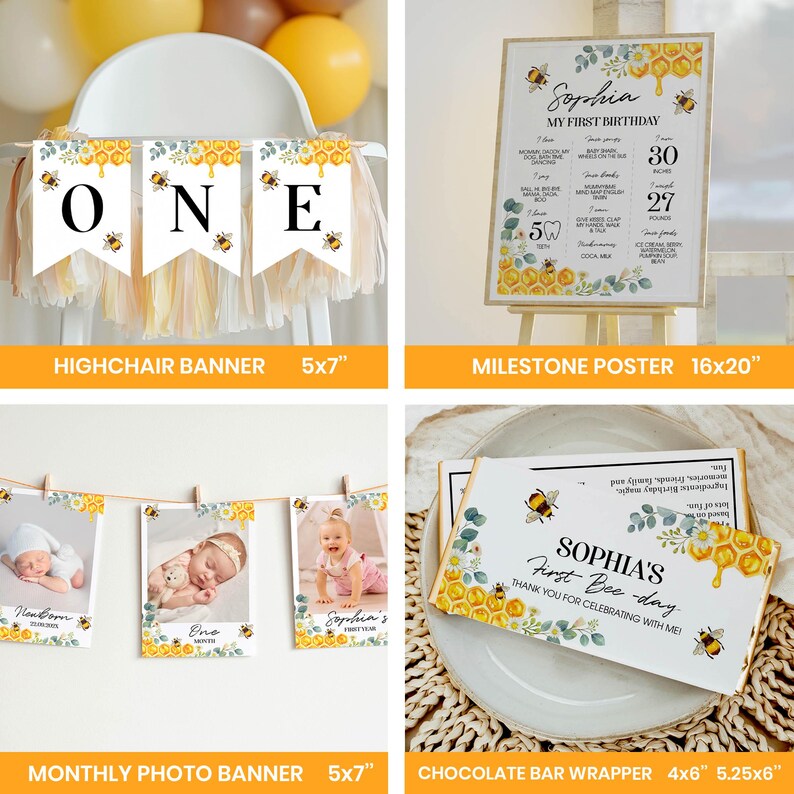 Bewerkbare First Bee Day-uitnodigingsbundel, Bee First-verjaardagsuitnodigingspakket, Honey Bee Birthday Party Decor Kit, Instant Download. B002 afbeelding 3