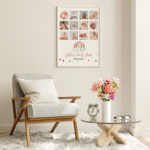May include: A rectangular wall poster featuring a grid of twelve baby photographs, a watercolour rainbow illustration, and the text "Mila's First Year" followed by the date "09.06.202x" with small colourful heart and circle accents.