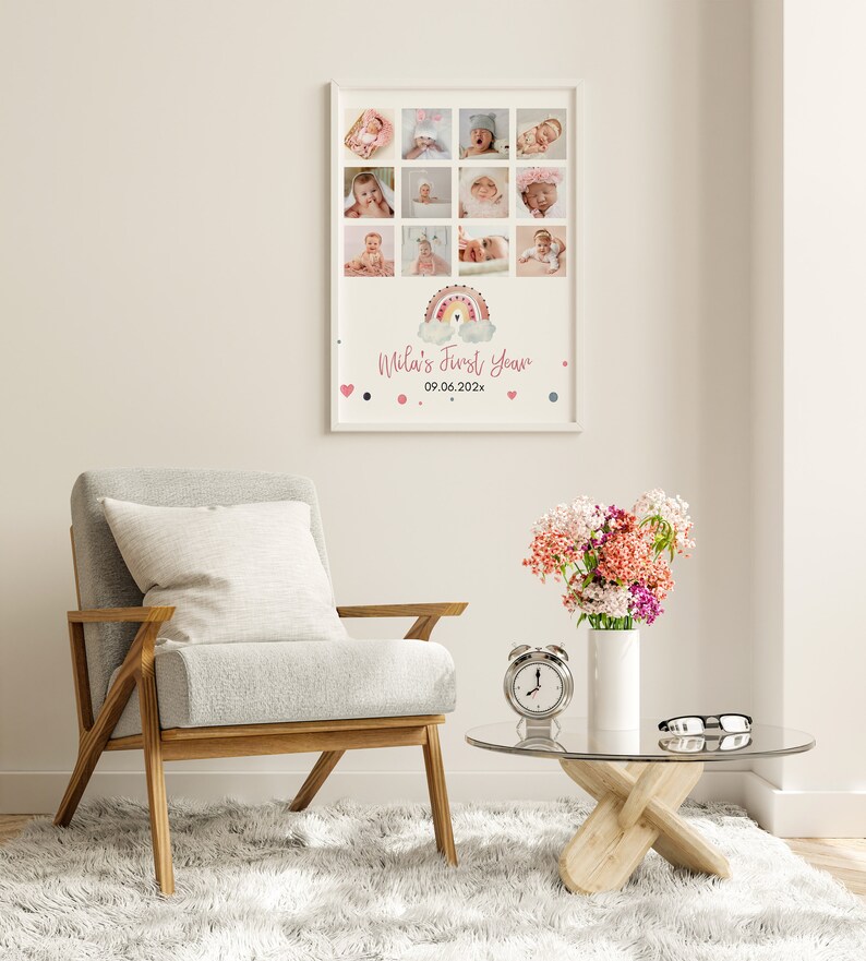 May include: A rectangular wall poster featuring a grid of twelve baby photographs, a watercolour rainbow illustration, and the text "Mila's First Year" followed by the date "09.06.202x" with small colourful heart and circle accents.