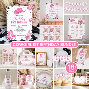 Editable Disco Cowgirl Birthday Invitation Bundle, Cowgirl 1st Birthday Party Kit, Western Birthday Decor Package, Instant Download. C012
