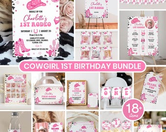 Editable Disco Cowgirl Birthday Invitation Bundle, Cowgirl 1st Birthday Party Kit, Western Birthday Decor Package, Instant Download. C012
