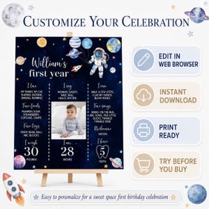 Pacchetto di inviti per il primo compleanno intorno al sole, decorazioni per la festa del primo compleanno nello spazio, pacchetto per la festa della galassia, download immediato. O006 immagine 2