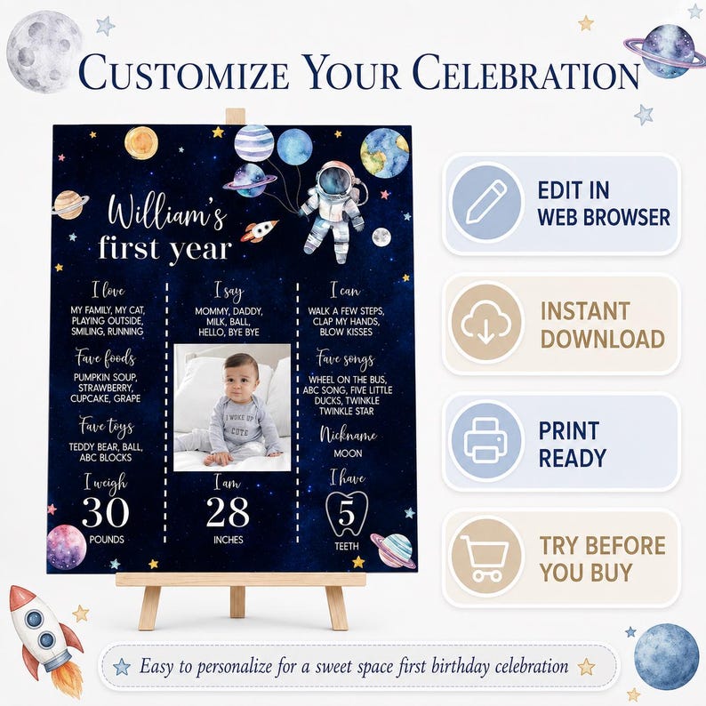 Pacchetto di inviti per il primo compleanno intorno al sole, decorazioni per la festa del primo compleanno nello spazio, pacchetto per la festa della galassia, download immediato. O006 immagine 2