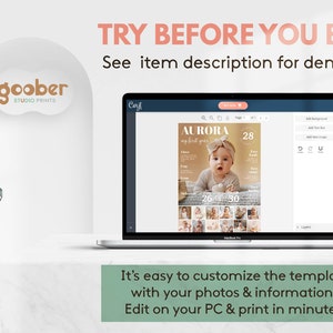 May include: A laptop computer displaying a Canva design template for a baby's first year photo album. The template features a photo of a baby girl and the text "AURORA my first year". The text "TRY BEFORE YOU BUY! See item description for demo link" is displayed above the laptop.