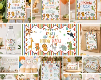 Paquete editable de animales para fiestas de cumpleaños / Decoraciones para fiestas de safari para el primer cumpleaños / Plantillas para fiestas en la jungla / Descarga instantánea / P020