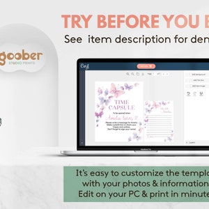 May include: A laptop displays a customizable template with butterfly graphics for a time capsule. The text reads "TRY BEFORE YOU BUY!" and "It's easy to customize the template with your photos & information. Edit on your PC & print in minutes."
