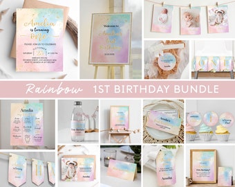 Editable Pastel Rainbow Birthday Invitation Bundle, Watercolor Rainbow Birthday Party Decor, Girl 1st Birthday Kit Package, Printable. P005