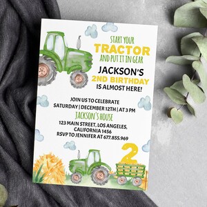 May include: A green and yellow tractor birthday invitation with a watercolor design. The invitation says "Start your tractor and put it in gear. Jackson's 2nd birthday is almost here!"  Join us to celebrate Saturday, December 12th at 3 PM at Jackson's House. 123 Main Street, Los Angeles, California 1456. RSVP to Jennifer at 677.855.969.