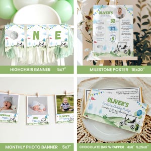 May include: A golf-themed first birthday party set including a highchair banner, a 16x20 inch milestone poster, a monthly photo banner with 5x7 inch cards, and a 4x5.25 inch chocolate bar wrapper, all featuring golf carts and green flags.
