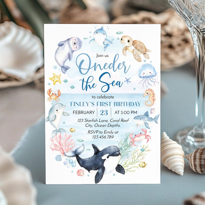 Dive into the fun with this Oneder The Sea Invitation! Perfect for an under the sea birthday party, it features a charming ocean and sea animals theme. Easily customize this editable printable template for a magical celebration!
