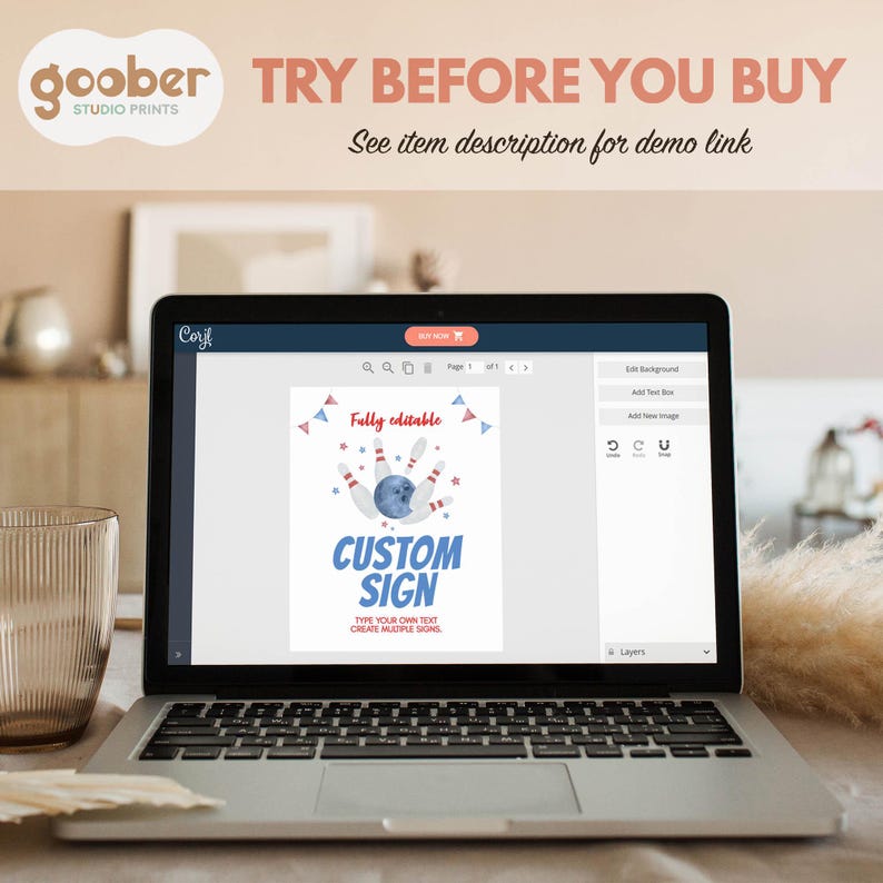 May include: A laptop screen displaying an editable digital bowling-themed sign template. The design features a blue bowling ball, white pins, red stars, and blue and red bunting. Text on the screen reads Fully editable, CUSTOM SIGN, and Type your own text.