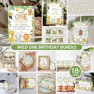 Editable Wild One Birthday Party Package, Safari 1st Birthday Invitation Bundle, Cute Wild One Birthday Set, Printable Templates. A015