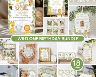 Editable Wild One Birthday Party Package, Safari 1st Birthday Invitation Bundle, Cute Wild One Birthday Set, Printable Templates. A015