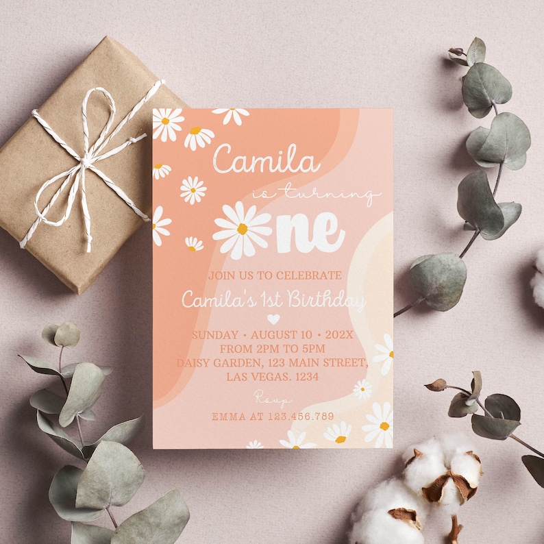 May include: A pink and orange invitation with white daisies and the text "Camila is turning one" and details for a first birthday party.