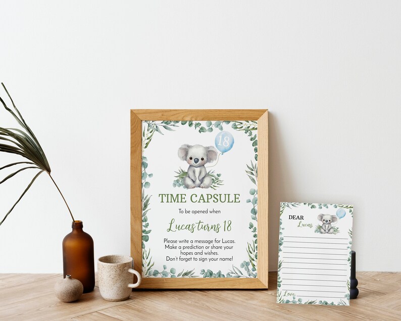 REDIGERBAR Koalas 1-årsdags-tidskapselmall, Koala-fest-tidskapselkort, australiskt djur-födelsedagsminnessak, utskrivbar. K001 bild 4