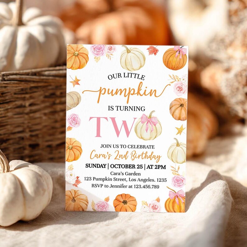 EDITABLE Our Little Pumpkin Is Turning Two Invitation, Fall Autumn Floral Birthday Invite, Pink Bow 2nd Birthday Invitation Printable