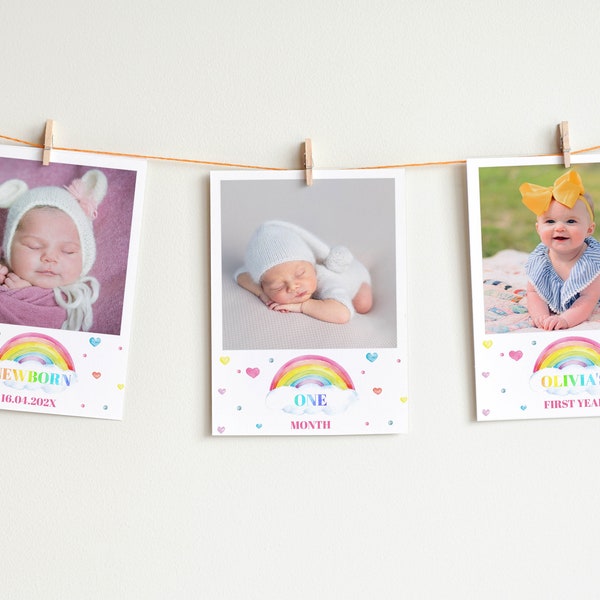 Editable First Year Photo Banner, Rainbow Birthday Banner, Rainbow Monthly Photo Banner, Rainbow Milestone Banner, Instant Download. R006