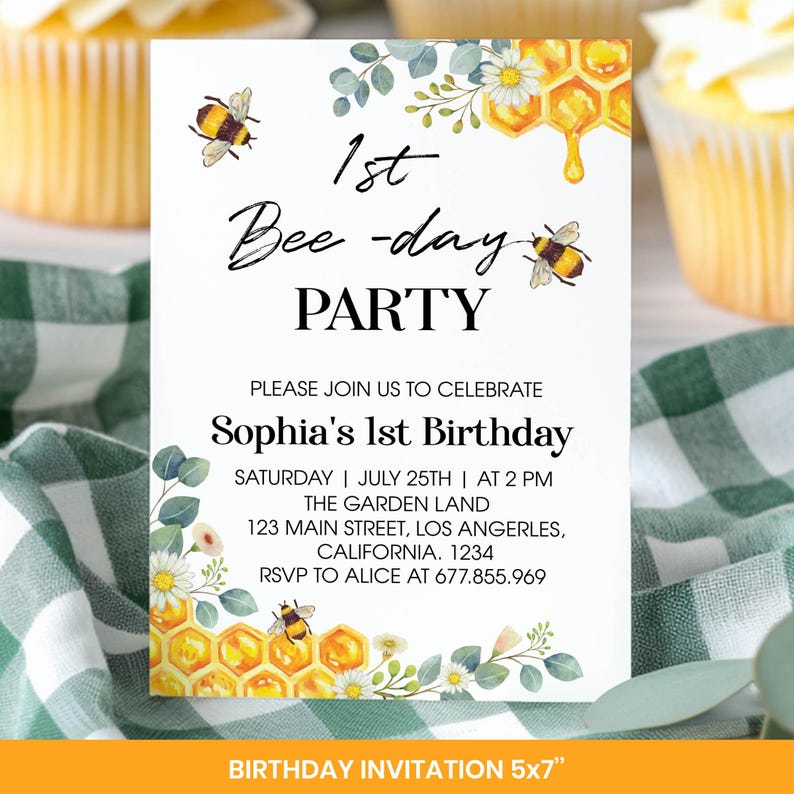 Bewerkbare First Bee Day-uitnodigingsbundel, Bee First-verjaardagsuitnodigingspakket, Honey Bee Birthday Party Decor Kit, Instant Download. B002 afbeelding 2