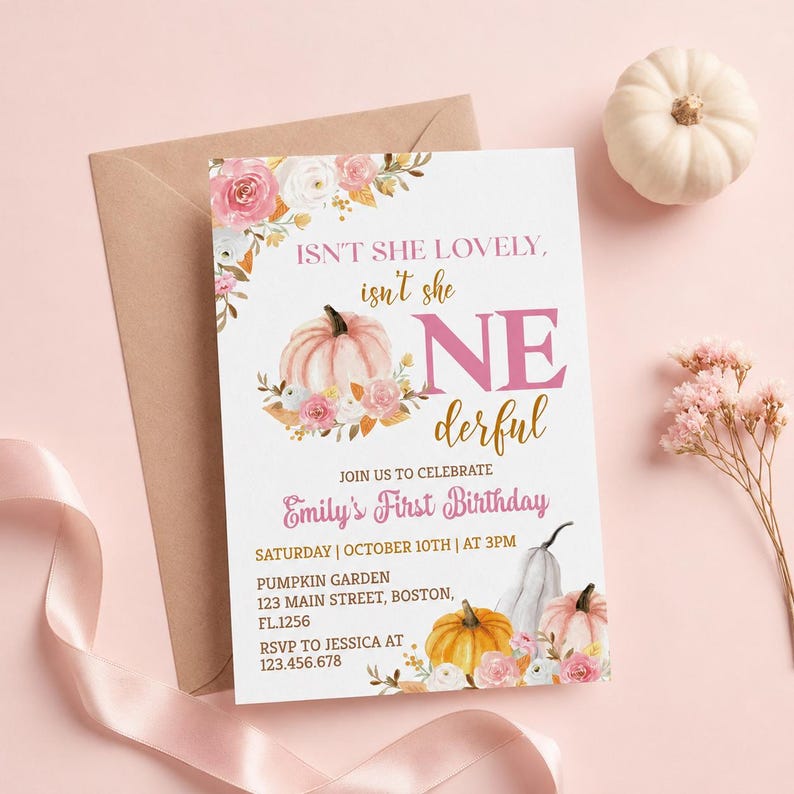 May include: A rectangular birthday invitation card featuring watercolor illustrations of pink and white pumpkins and floral accents. The text reads: ISN'T SHE LOVELY, isn't she ONE derful, JOIN US TO CELEBRATE Emily's First Birthday, and event details.