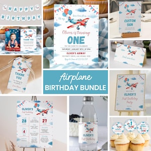 Editable Airplane Birthday Invitation Bundle, Vintage Airplane Birthday Party Kit, Airplane 1st Birthday Package, Instant Download. A007