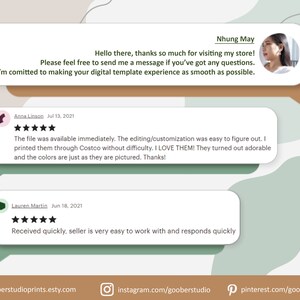 May include: A graphic display featuring three white speech bubble boxes containing customer reviews and a seller message. The top box includes a photo of Nhung May and text welcoming visitors. The lower boxes show five-star ratings and feedback.