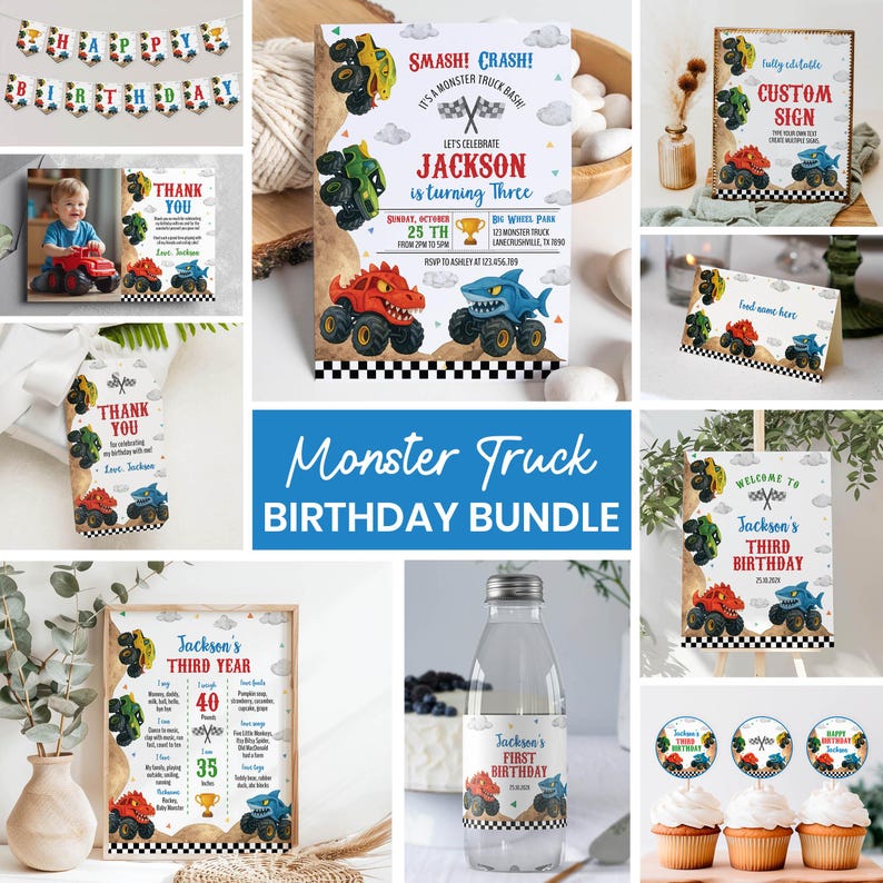 Editable Monster Truck Birthday Invitation Bundle, Monster Trucks Birthday Party Decorations, Any Age Birthday Package, Printable