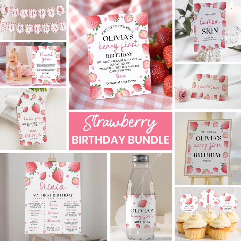 Pode incluir: Um conjunto de artigos para festa de anivers&aacute;rio com tema de morango, incluindo uma faixa, convite, cart&atilde;o de agradecimento, placa, marcador de lugar, cartaz de boas-vindas, quadro de marcos, r&oacute;tulo de garrafa e topos de cupcake.