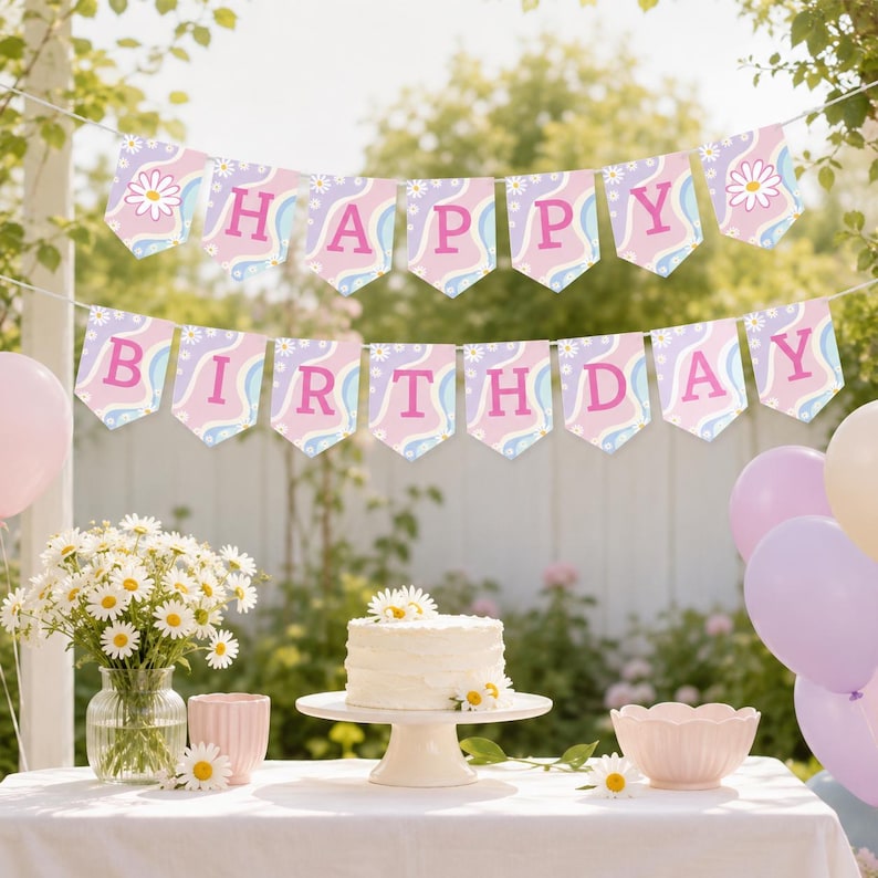 May include: A two-tiered bunting banner featuring the text HAPPY BIRTHDAY in pink letters on pennants with a light blue and lavender wavy pattern and white daisy accents. The banner is displayed above a white cake on a stand and balloons.