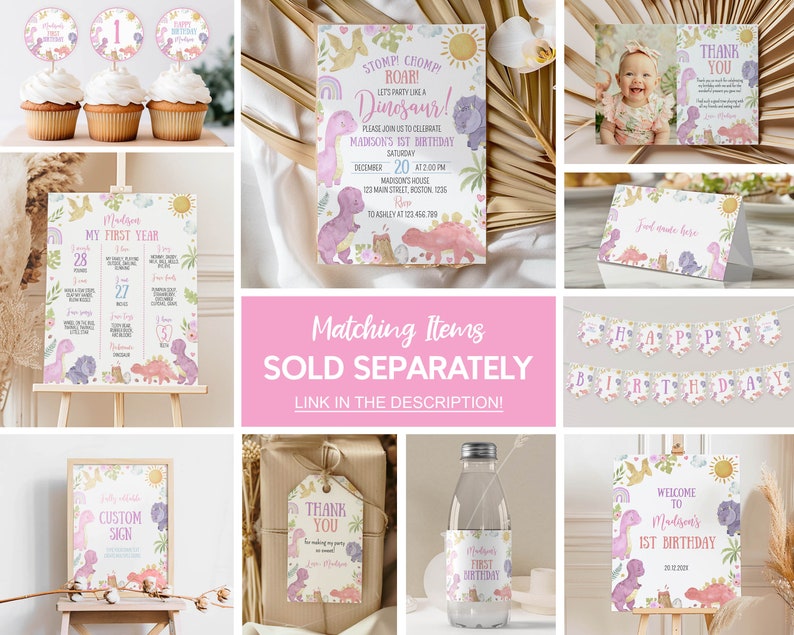 May include: A collection of dinosaur-themed birthday party stationery including a birthday invitation, milestone board, thank you card, cupcake toppers, food tent card, bunting banner, custom sign, gift tag, and water bottle label with pastel illustrations.